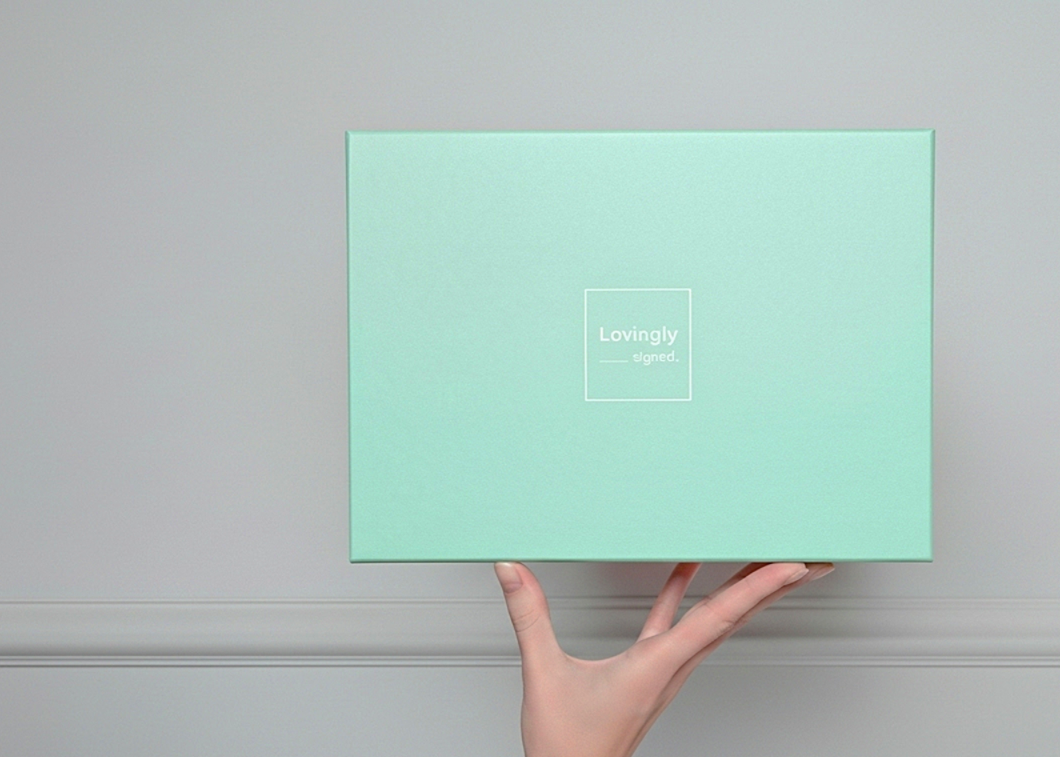 Luxurious Green box with Lovingly signed logo held by a hand against a gray background