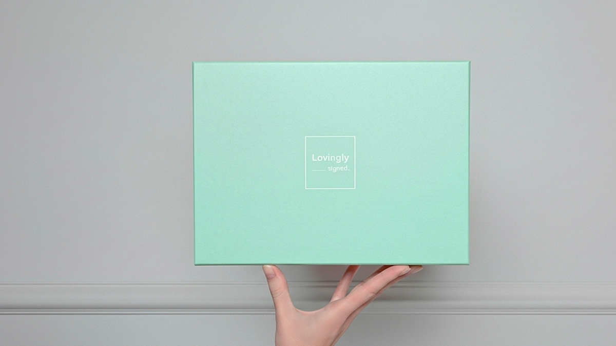 Luxurious velvet green box with Lovingly signed white logo held by a hand against a gray background