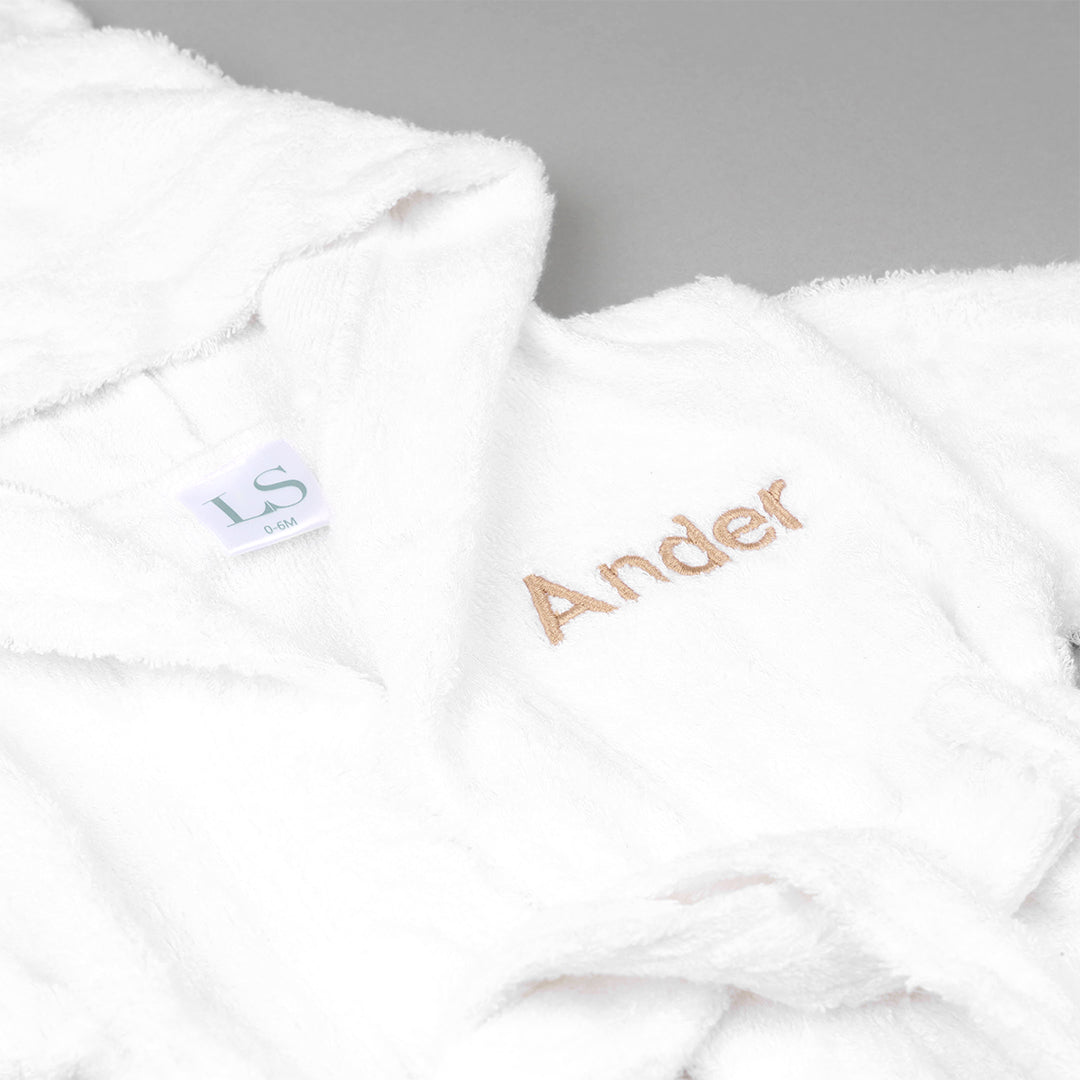 White Bamboo Bathrobe customised with "Ander" in Beige Thread