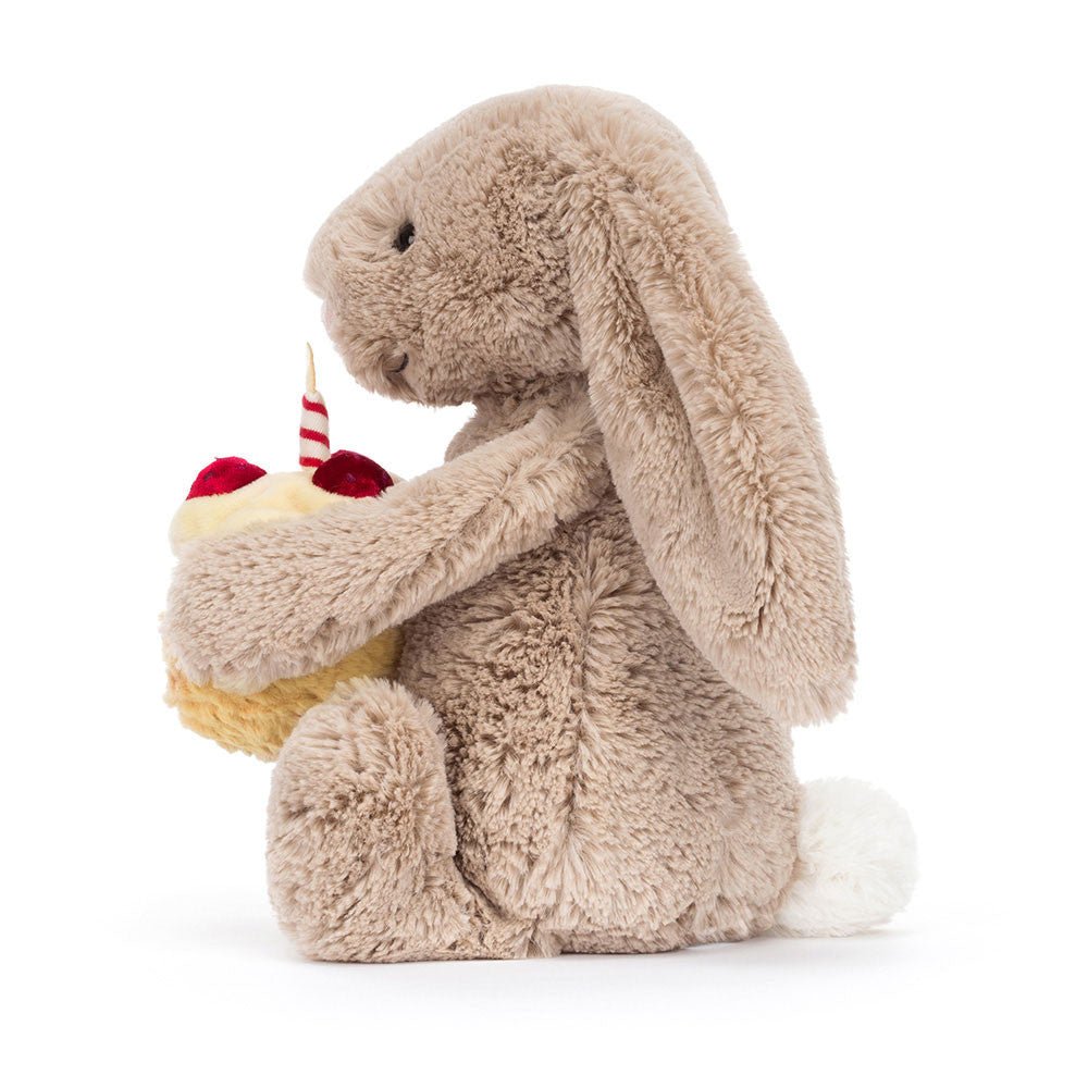 Sideview of Jellycat Beige Bunny with Birthday Cake
