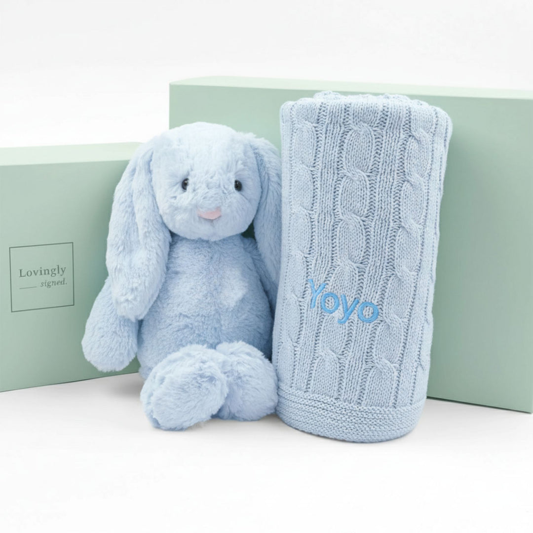 Personalised Essential Bundle Gift Set with Blue Cable Knit Blanket and Blue Jellycat
