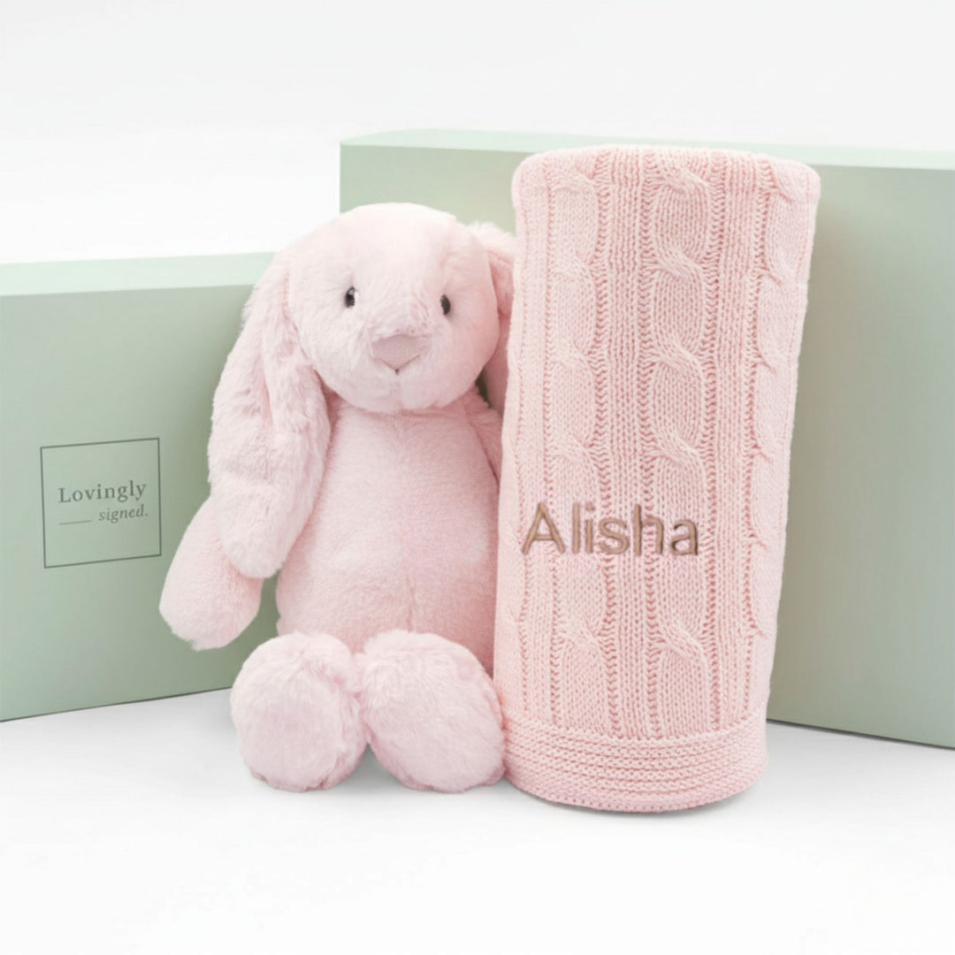 Personalised Essential Bundle Gift Set with Pink Cable Knit Blanket and Pink Jellycat
