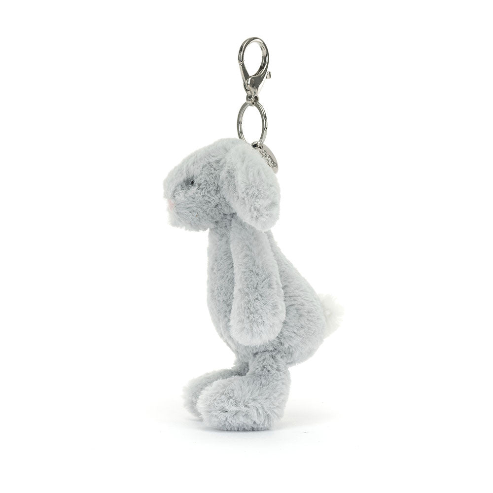 Sideview of Jellycat Bashful Silver Bunny Bag Charm