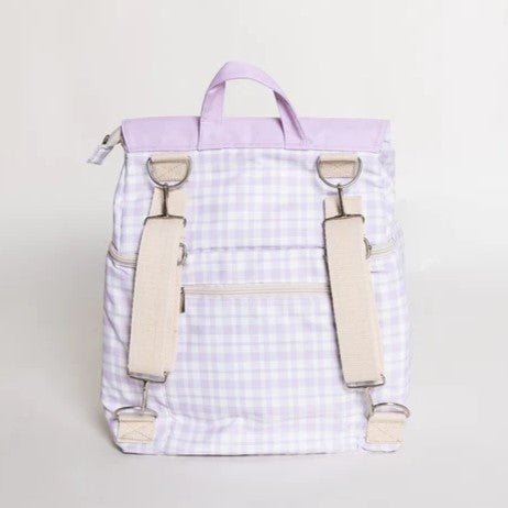 Back of Mori Official Lilac Gingham Insulation Backpack