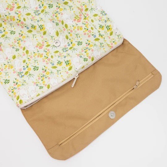 Top Opening Flap of Mori Official Kids 4-way Backpack in Floral Rabbit Design