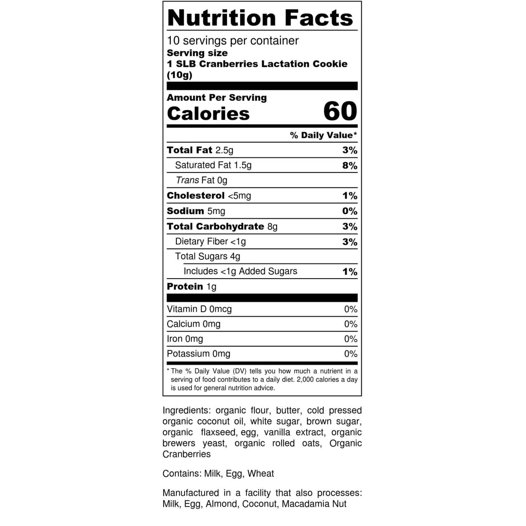 Nutrition Facts for SLB Cranberries Lactation Cookies