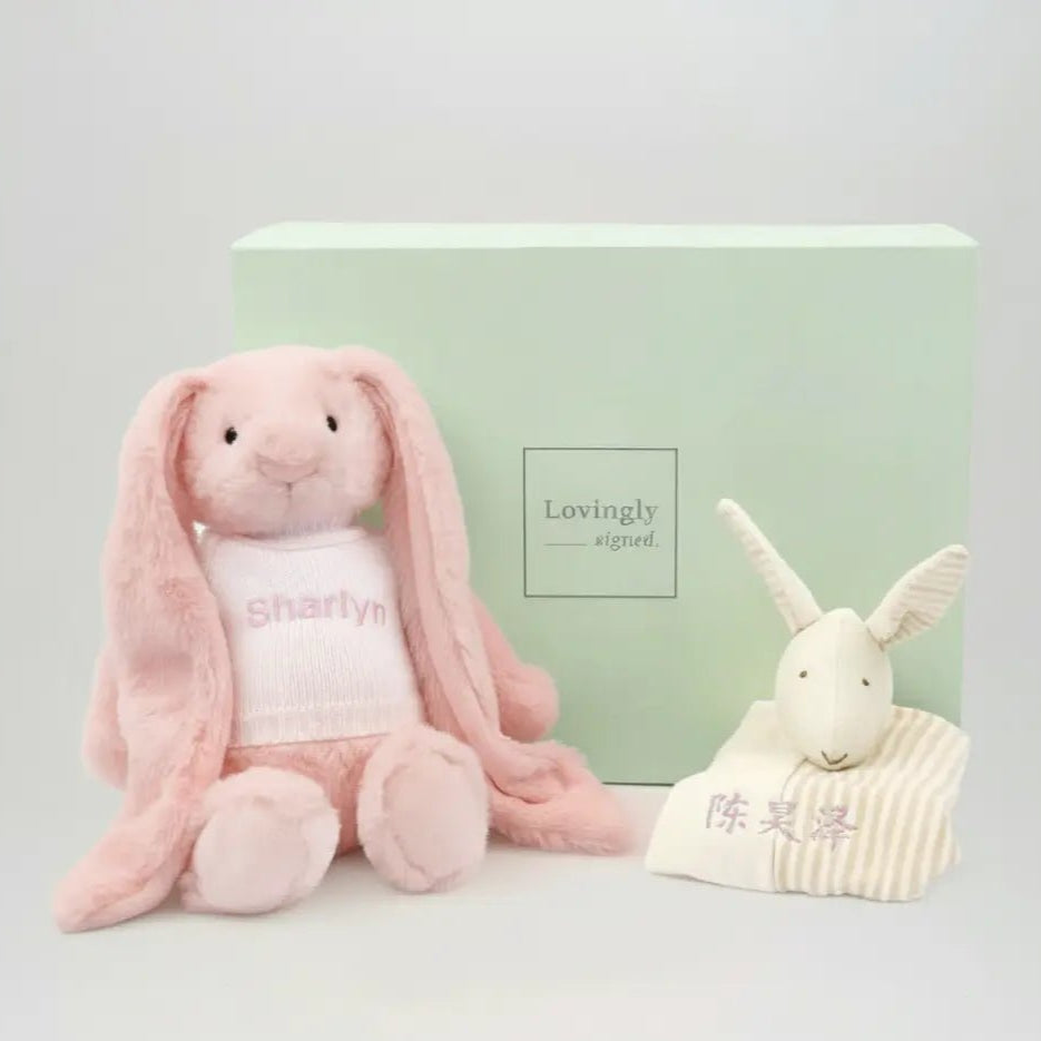 Personalised Snuggle Gift Set for Baby, consist of Pink Bunny and Comforter
