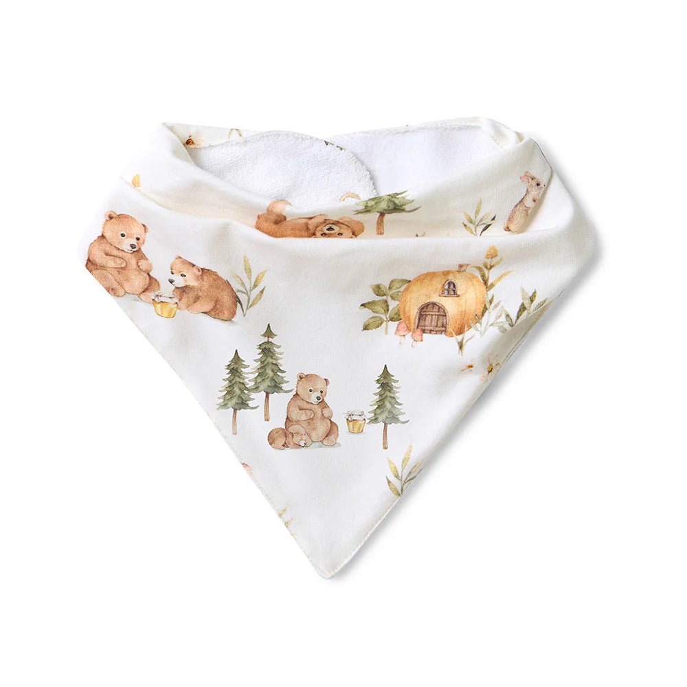 Snuggle Hunny Bears bandana bib with forest animal print