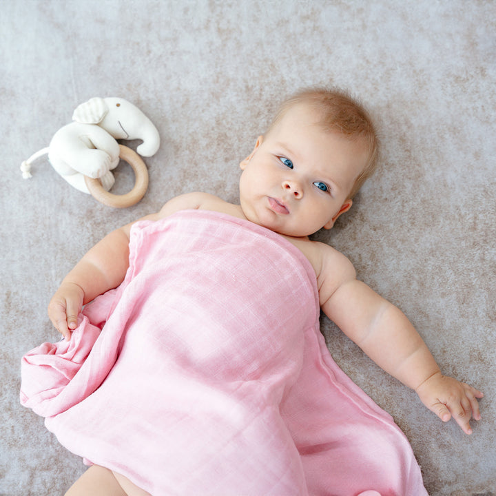 Baby covering in Pink Swaddle with Elephant Rattle