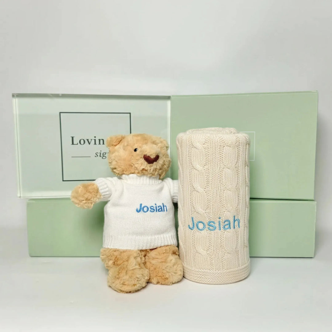 Teddy bear and cream blanket with 'Josiah' personalised