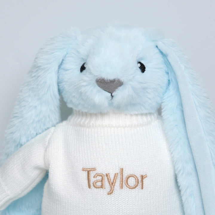 Close up of Personalised Twinkle Bunny in Blue