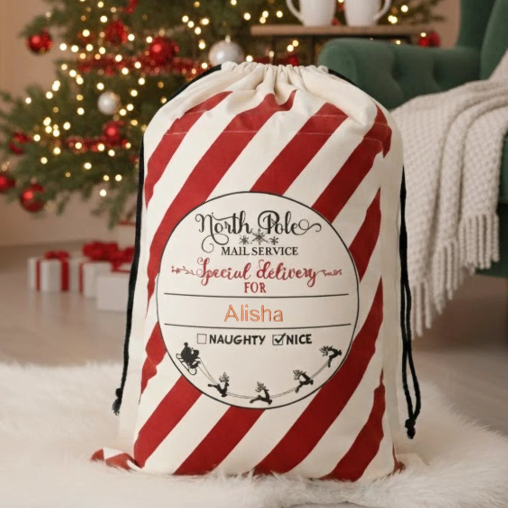 Red and white striped gift bag with personalised label in a festive room with Christmas tree and presents.
