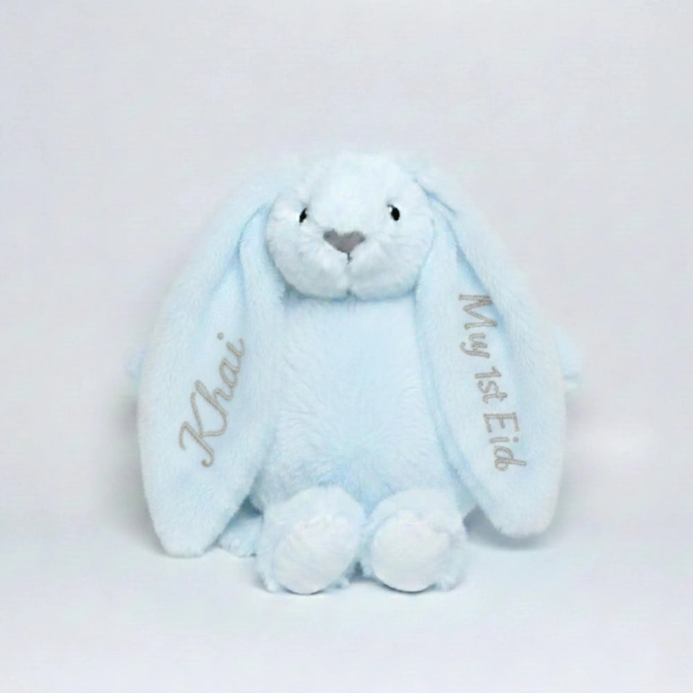 Soft cuddly bunny plush for baby’s first Eid with custom embroidery.
