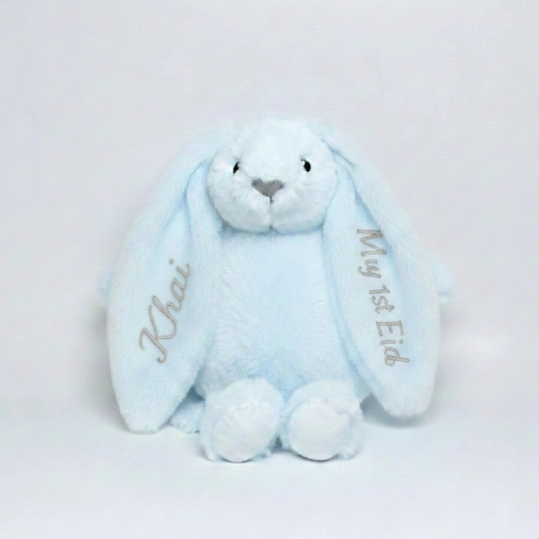Soft cuddly bunny plush for baby’s first Eid with custom embroidery.