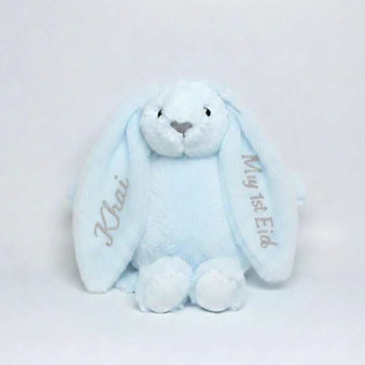 Soft cuddly bunny plush for baby’s first Eid with custom embroidery.