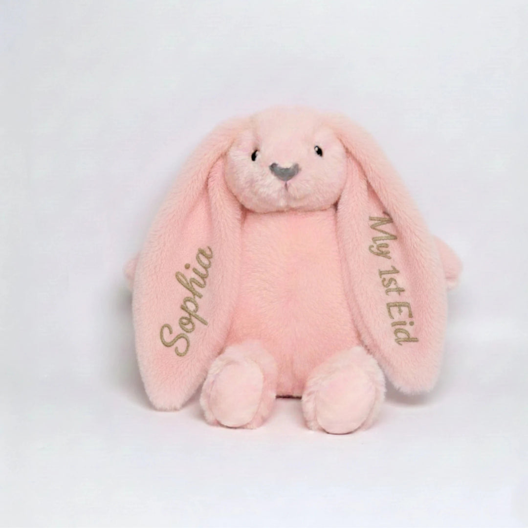 Baby-friendly soft plush bunny for first Eid keepsake with custom details.