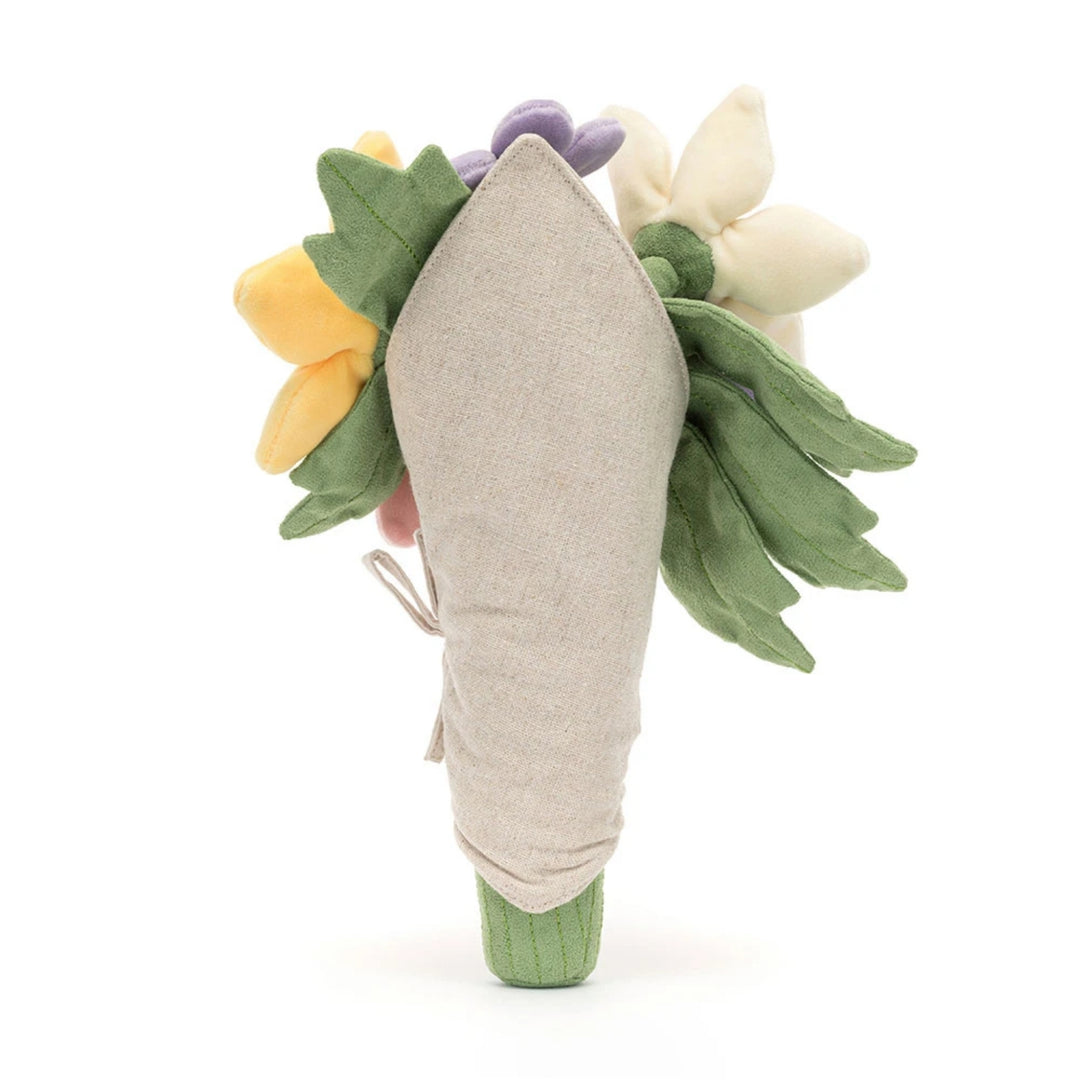 Back view of Jellycat Amuseables Bouquet of Flowers showing soft green leaves, plush flowers and neutral fabric wrapping.