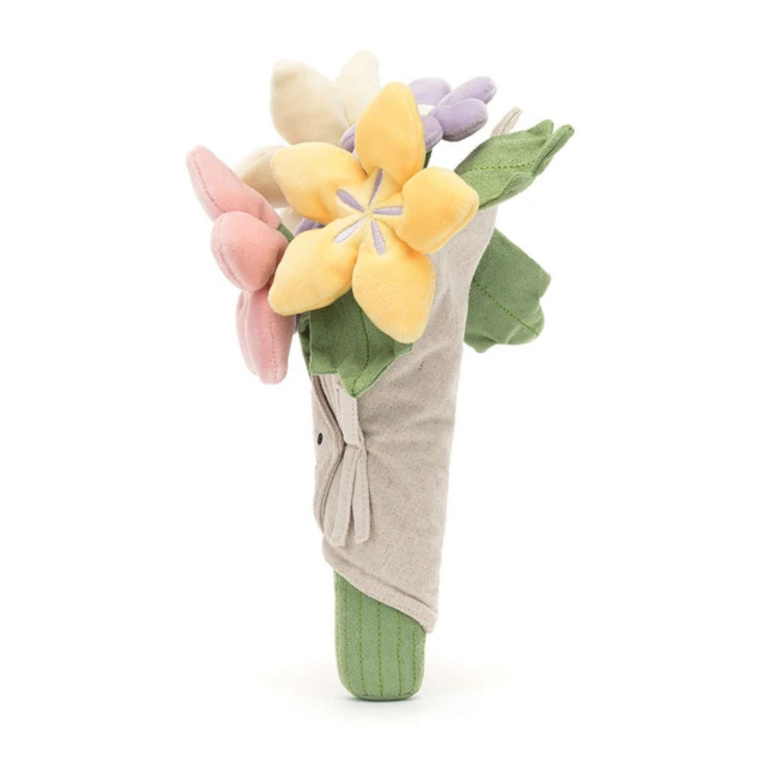 Jellycat Amuseables Bouquet of Flowers soft toy featuring colourful plush flowers wrapped in a neutral fabric bouquet.