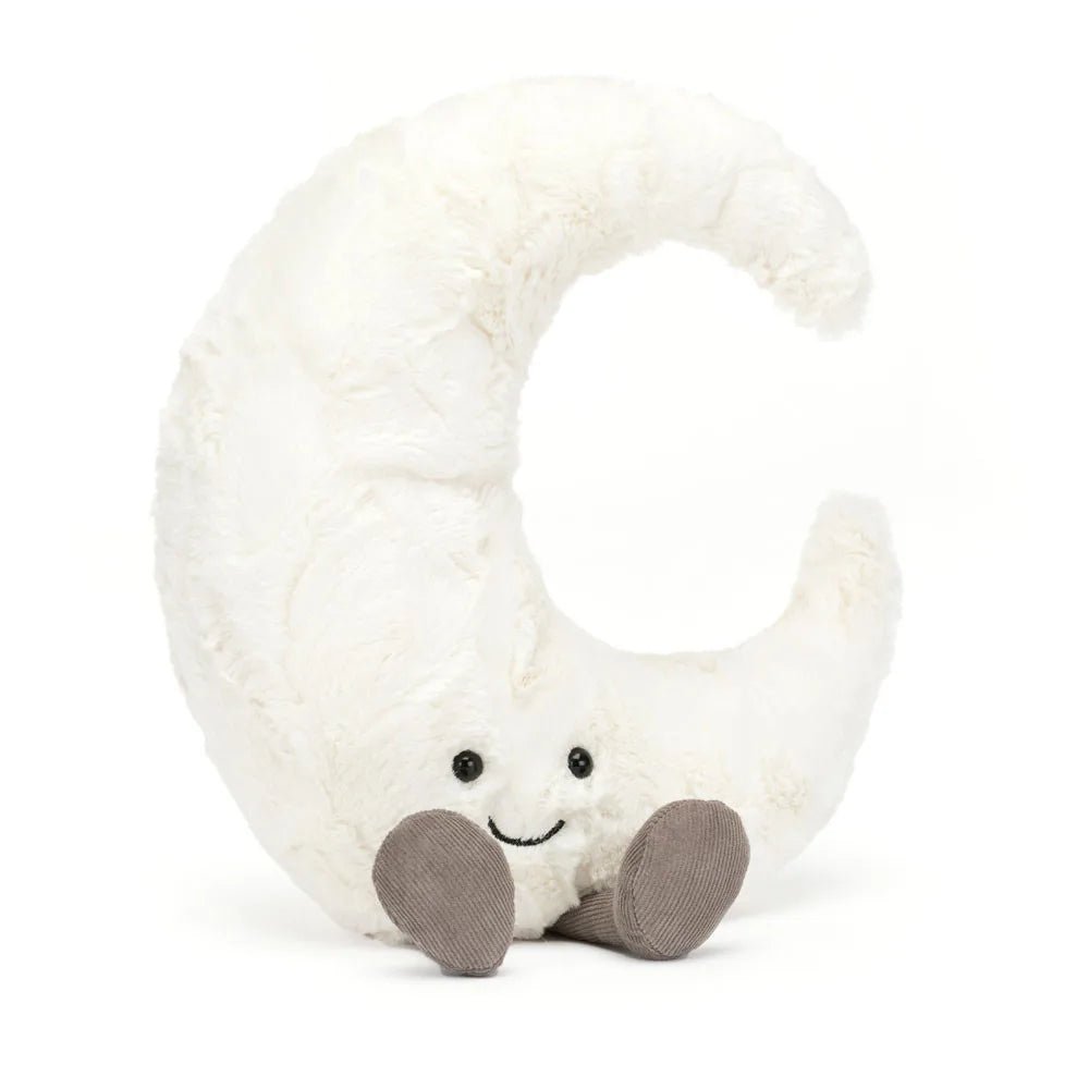 Jellycat plush toy shaped like a crescent moon with a smiling face on a white background