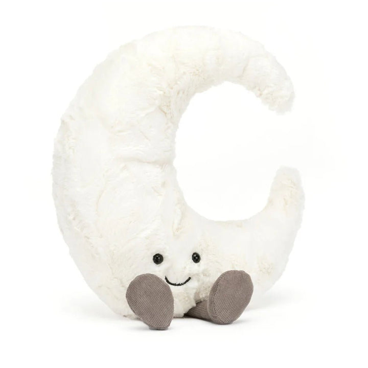 Jellycat plush toy shaped like a crescent moon with a smiling face on a white background