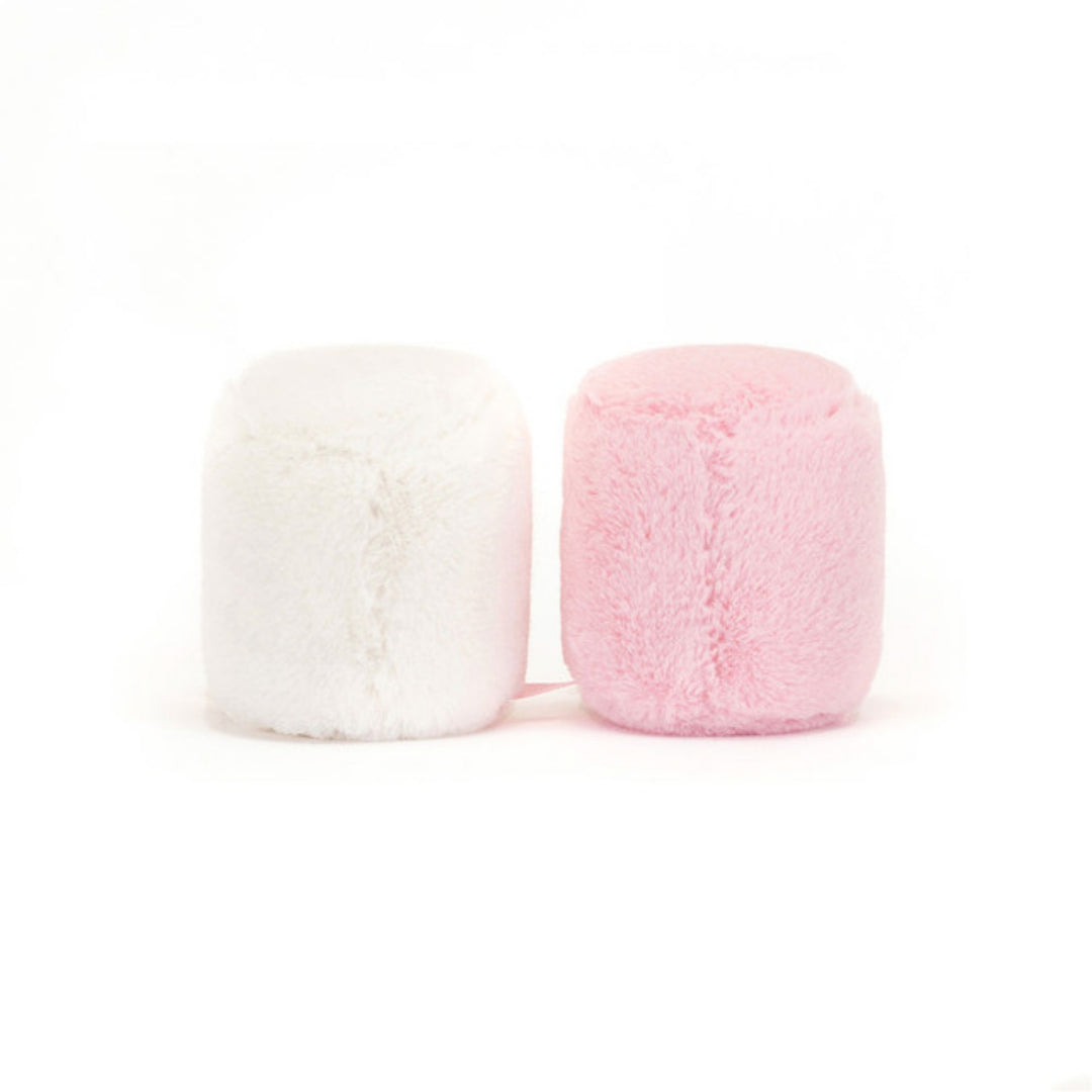 Back view of the pink and white marshmallow soft toy pair, showing their fluffy pastel bodies and simple rounded shape.