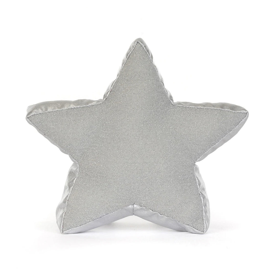 Back view of the Jellycat Amuseables Silver Star plush toy, featuring soft, shimmering silver fabric and a five-pointed star shape.