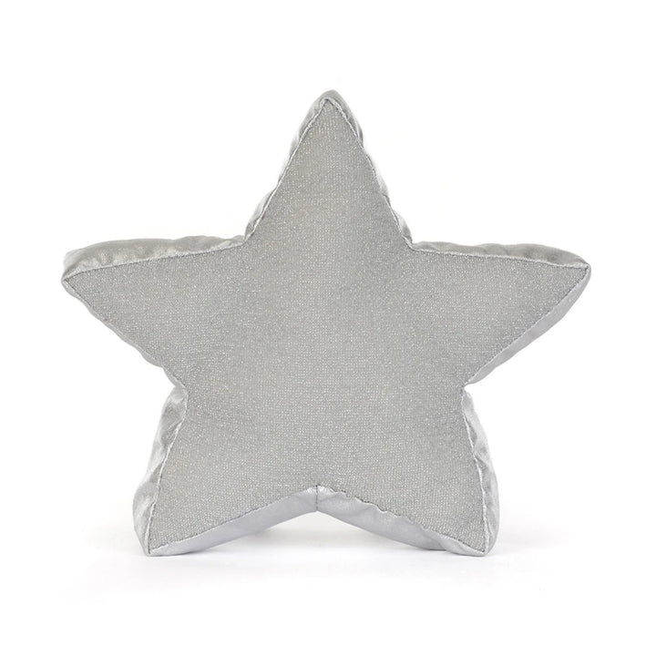 Back view of the Jellycat Amuseables Silver Star plush toy, featuring soft, shimmering silver fabric and a five-pointed star shape.