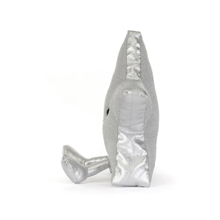 Side view of the Jellycat Amuseables Silver Star plush toy, showing its padded star shape, metallic silver sides and dangling legs.