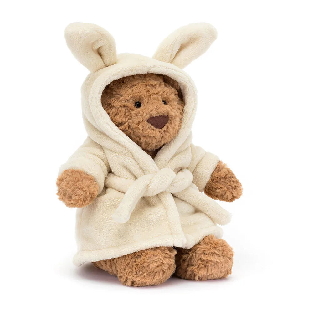Jellycat Bartholomew Bear wearing a cosy bathrobe outfit, luxury teddy bear gift for children and collectors