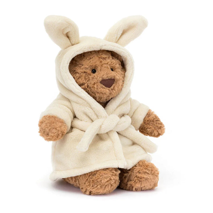 Jellycat Bartholomew Bear wearing a cosy bathrobe outfit, luxury teddy bear gift for children and collectors