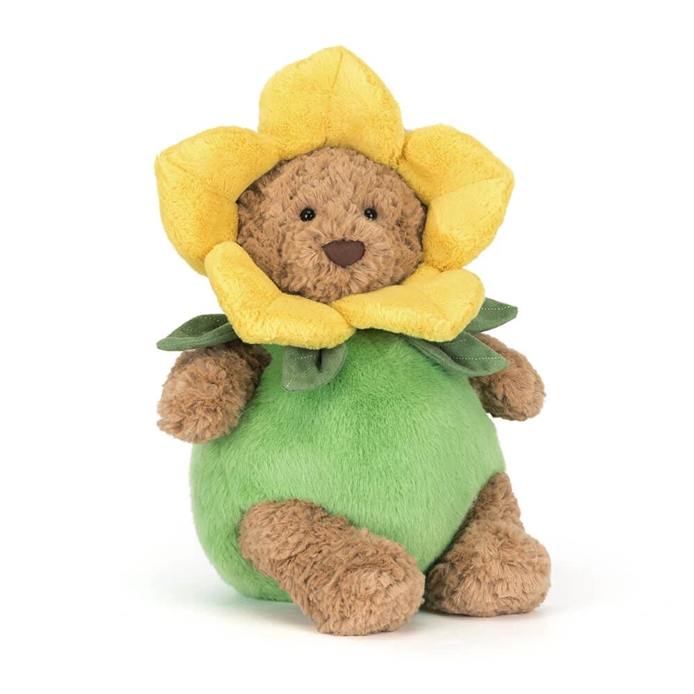 Adorable Jellycat Bartholomew Bear dressed in a cheerful daffodil plush outfit