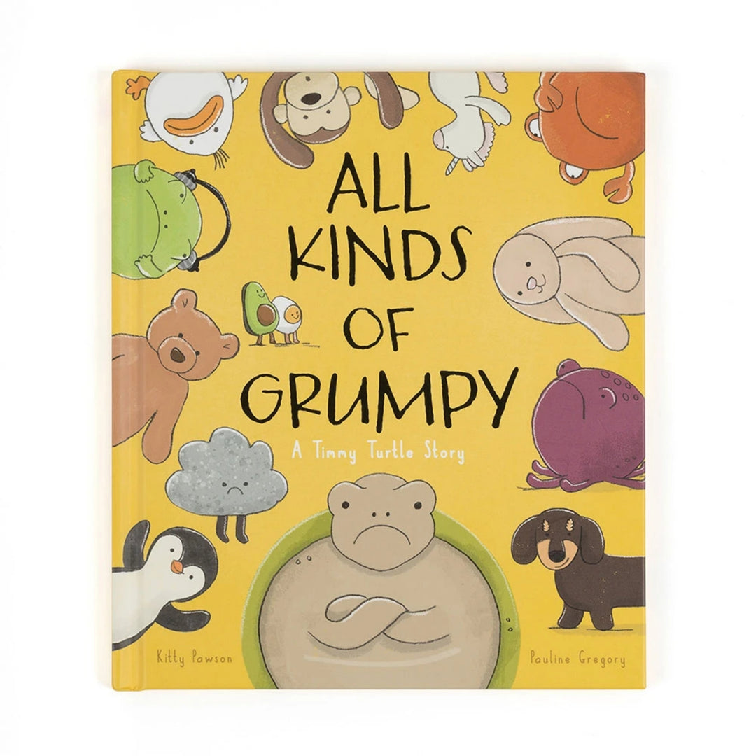 Children’s picture book “All Kinds of Grumpy: A Timmy Turtle Story” with a bright yellow illustrated cover featuring a grumpy turtle and other animal characters.