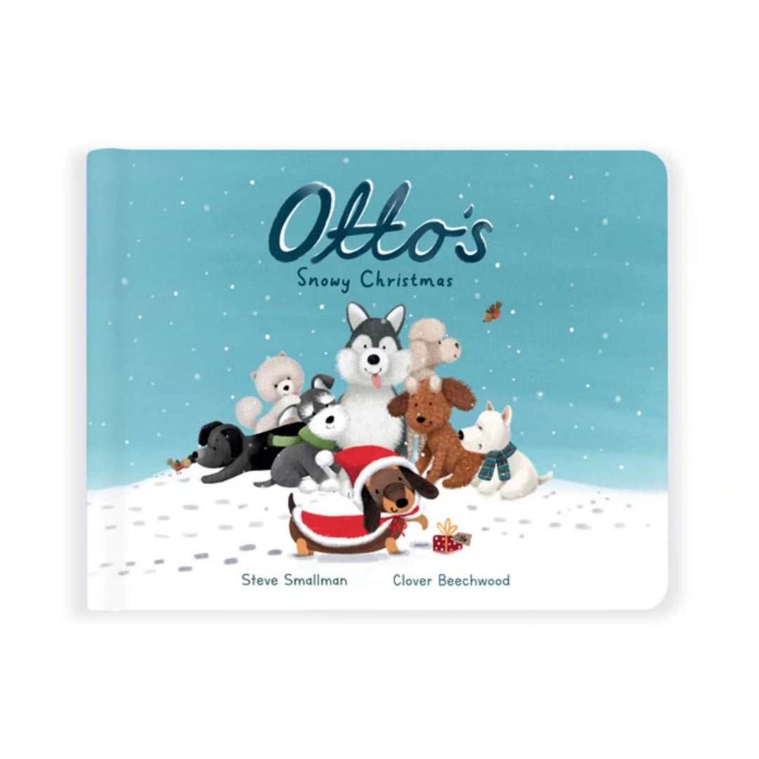 Jellycat “Otto’s Snowy Christmas” children’s board book with a snowy blue cover featuring Otto the dachshund in a festive red coat and a group of animal friends.
