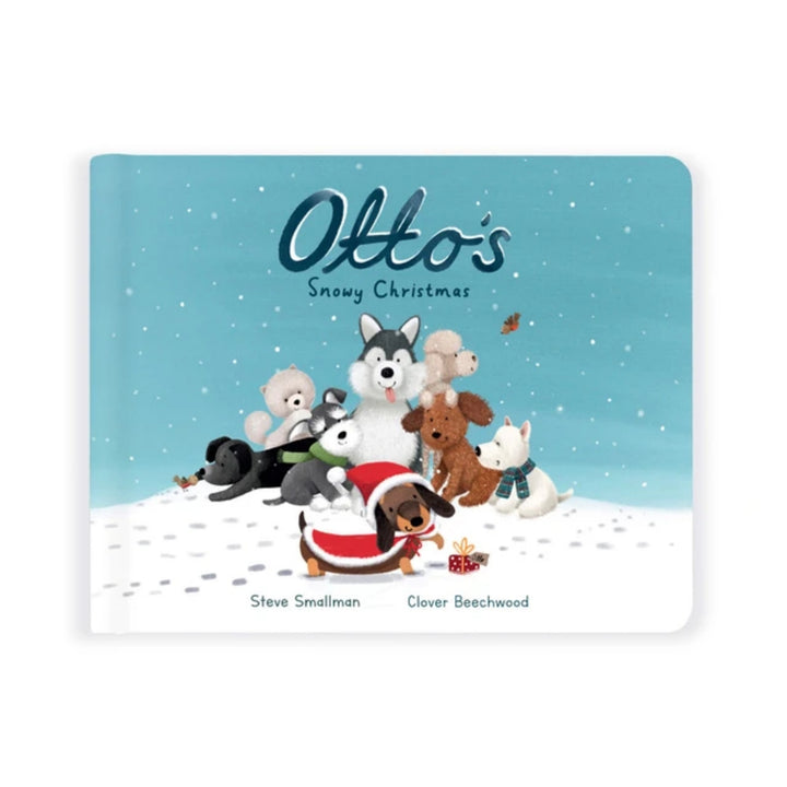 Jellycat “Otto’s Snowy Christmas” children’s board book with a snowy blue cover featuring Otto the dachshund in a festive red coat and a group of animal friends.