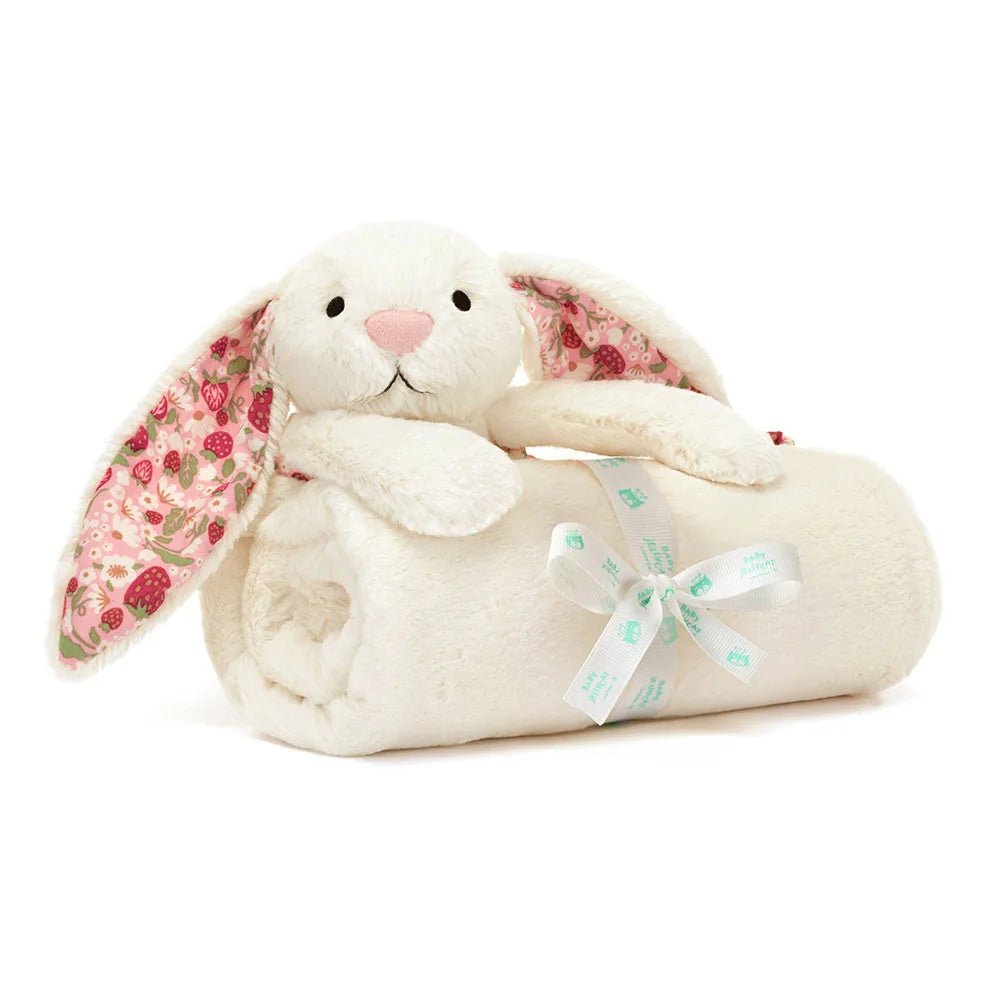 Jellycat Blossom Cream Bunny ‘Berry’ Blankie featuring a floral bunny comforter and soft baby blanket