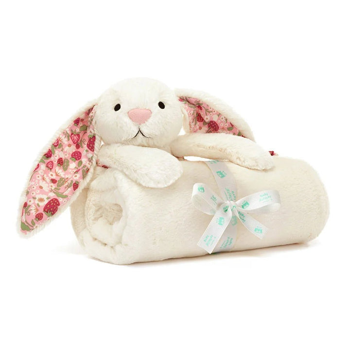 Jellycat Blossom Cream Bunny ‘Berry’ Blankie featuring a floral bunny comforter and soft baby blanket