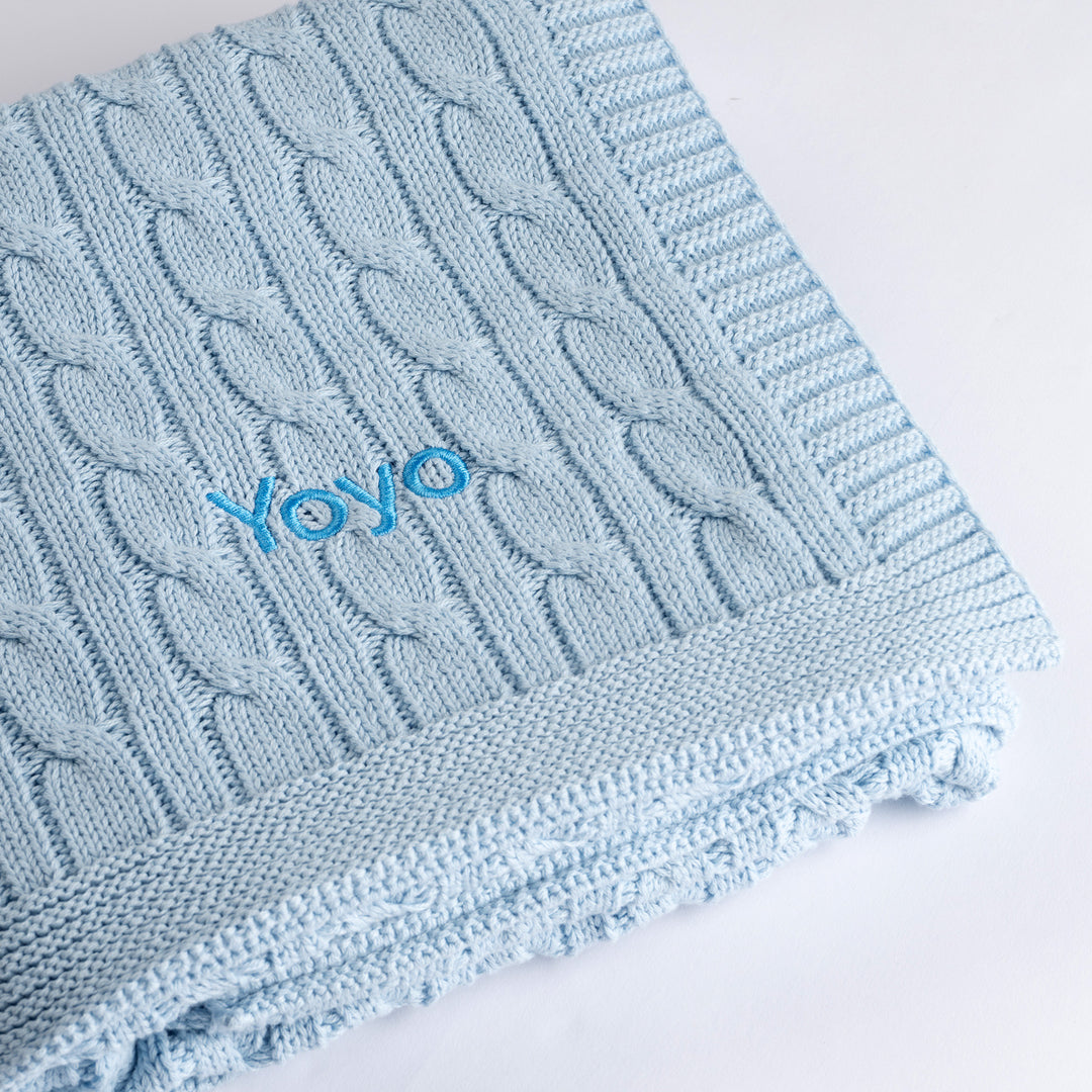 Blue Cable Knit Blanket with "Yoyo" customised in blue thread
