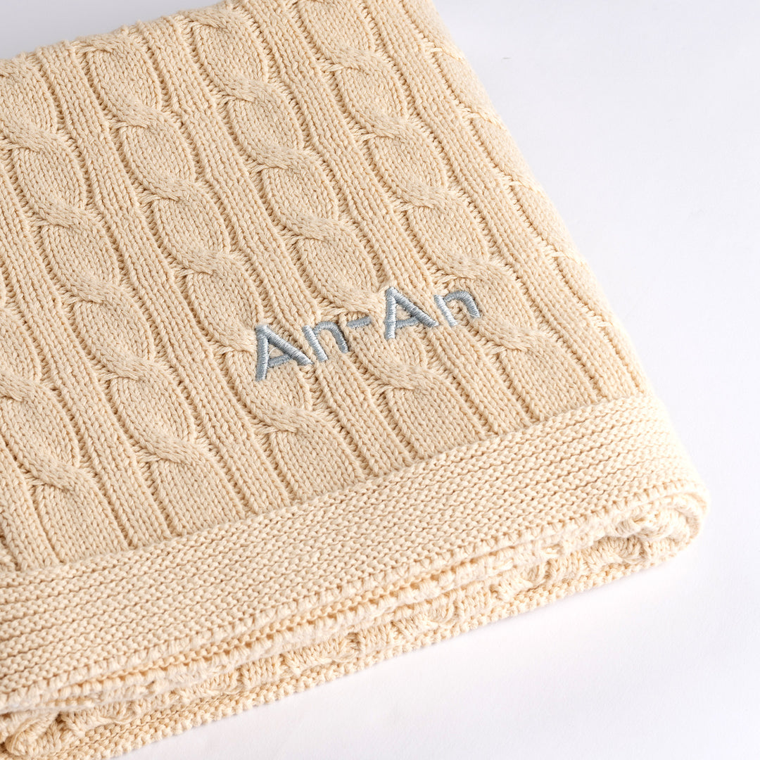 Cream Cable Knit Blanket with "An-An" customised in Grey thread