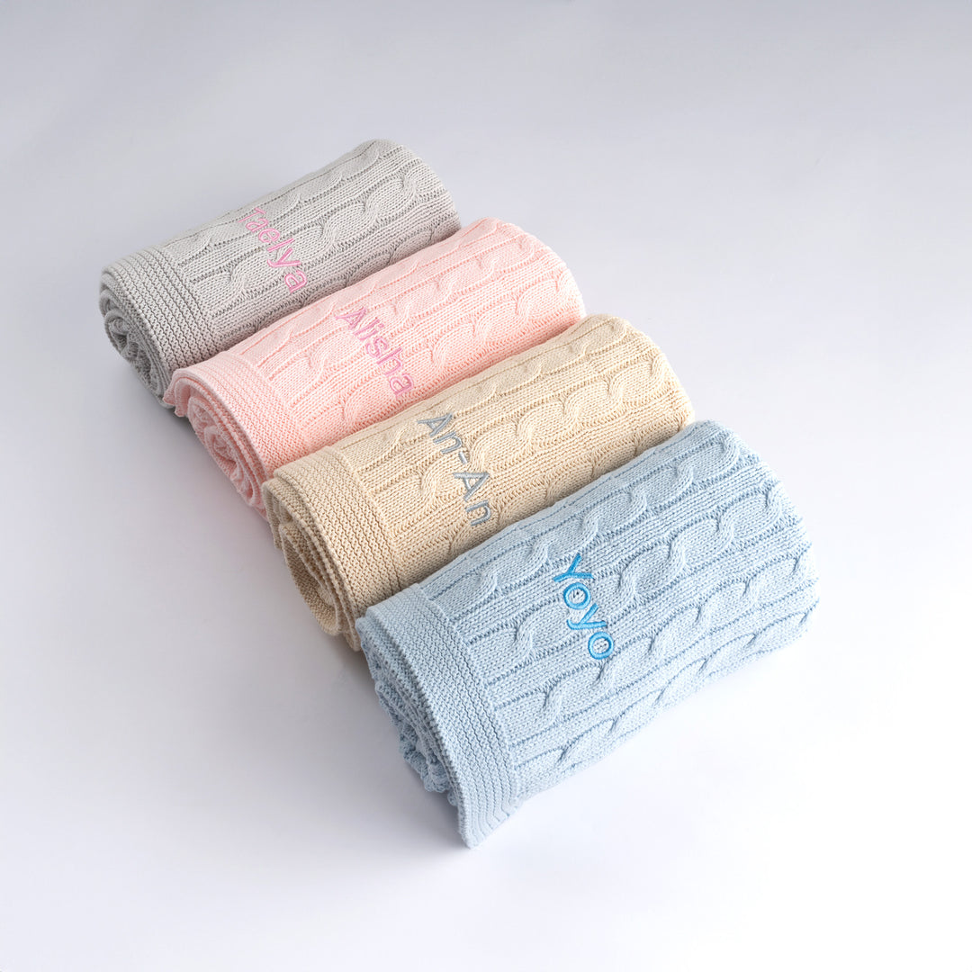 Personalised Cable Knit Blanket in Pink, Grey, Cream and Blue