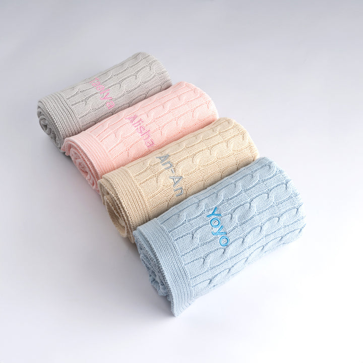 Personalised Cable Knit Blanket in Pink, Grey, Cream and Blue