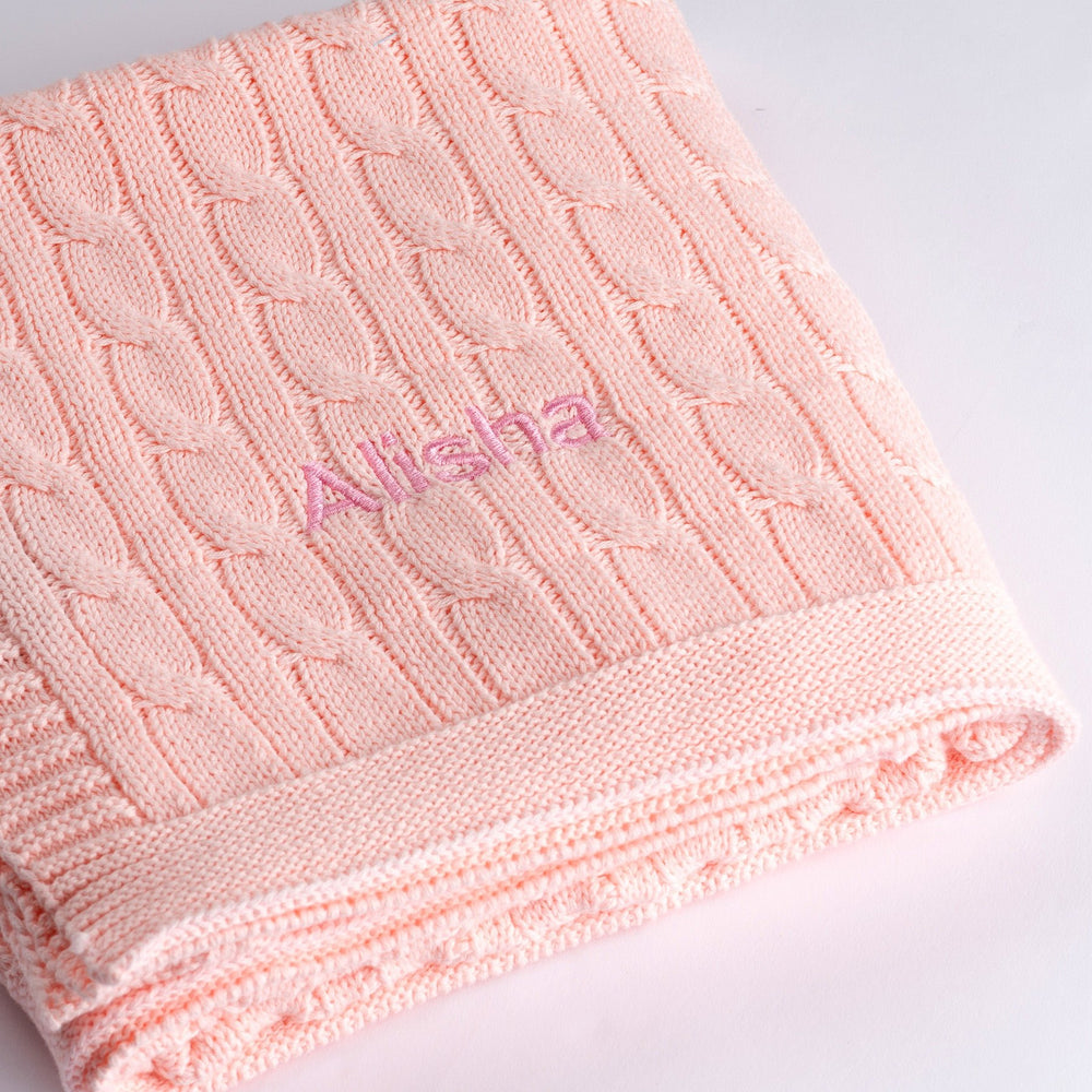 Pink Cable Knit Blanket with "Alisha" customised in Pink Thread