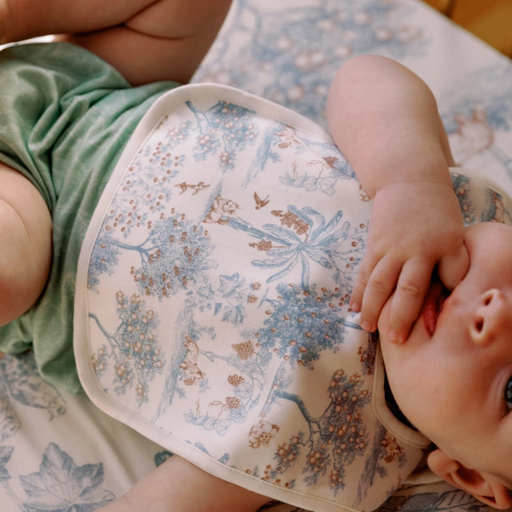 Boy wearing House of Holly Eco-friendly bamboo bib with whimsical Toile de Jouy design
