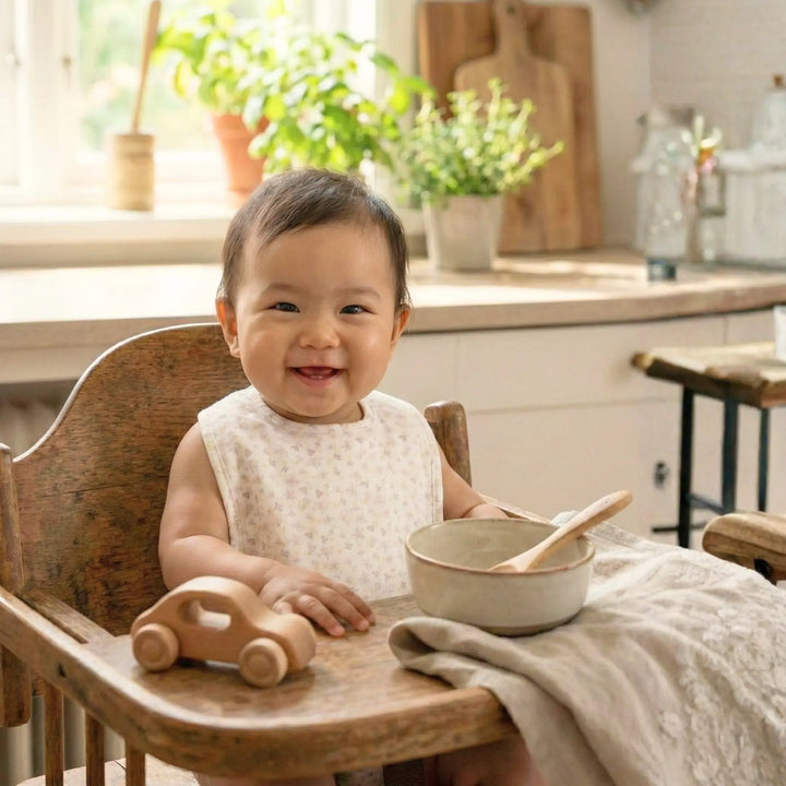 Baby wearing Jamie Kay Organic Cotton Bib - Aries Mauve during mealtime