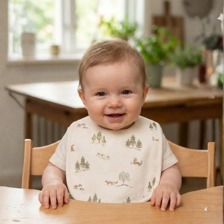 Baby wearing Jamie Kay’s Pine Forest Friends Organic Cotton Bib  during mealtime