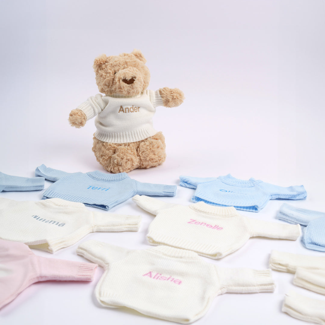 Teddy bear in sweater with tiny personalized tops