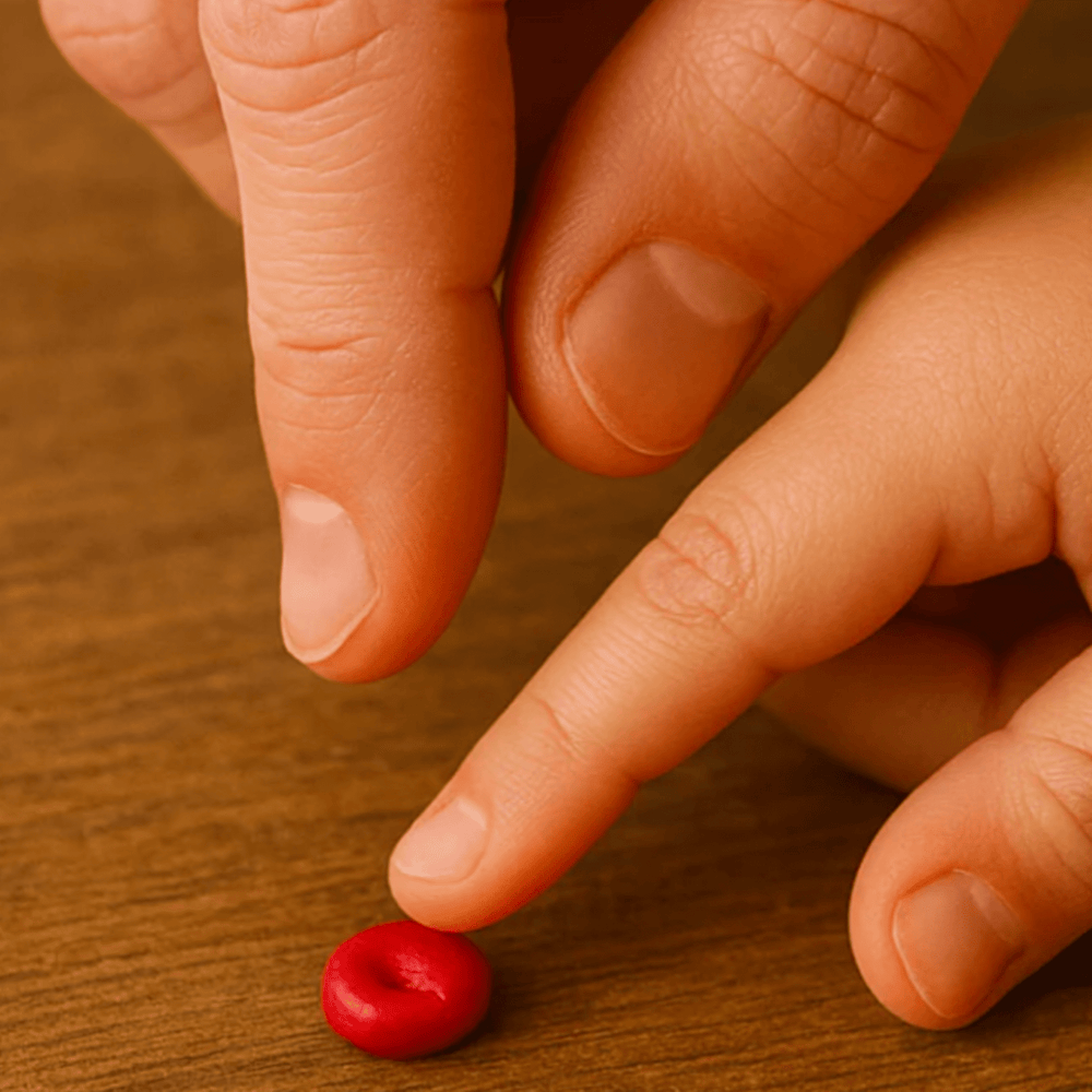 Hand interacting with a red object on a wooden surface