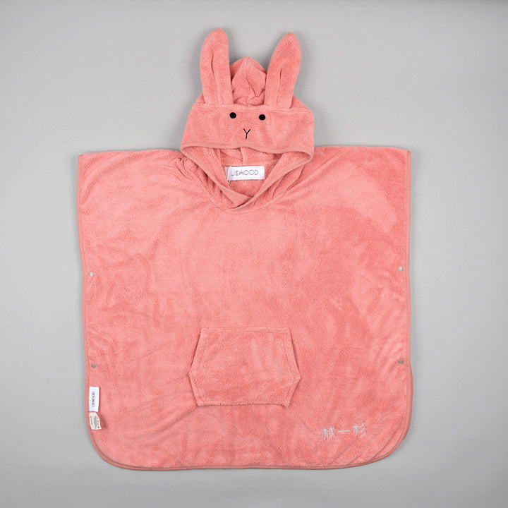 Pink hooded towel with bunny ears and face design