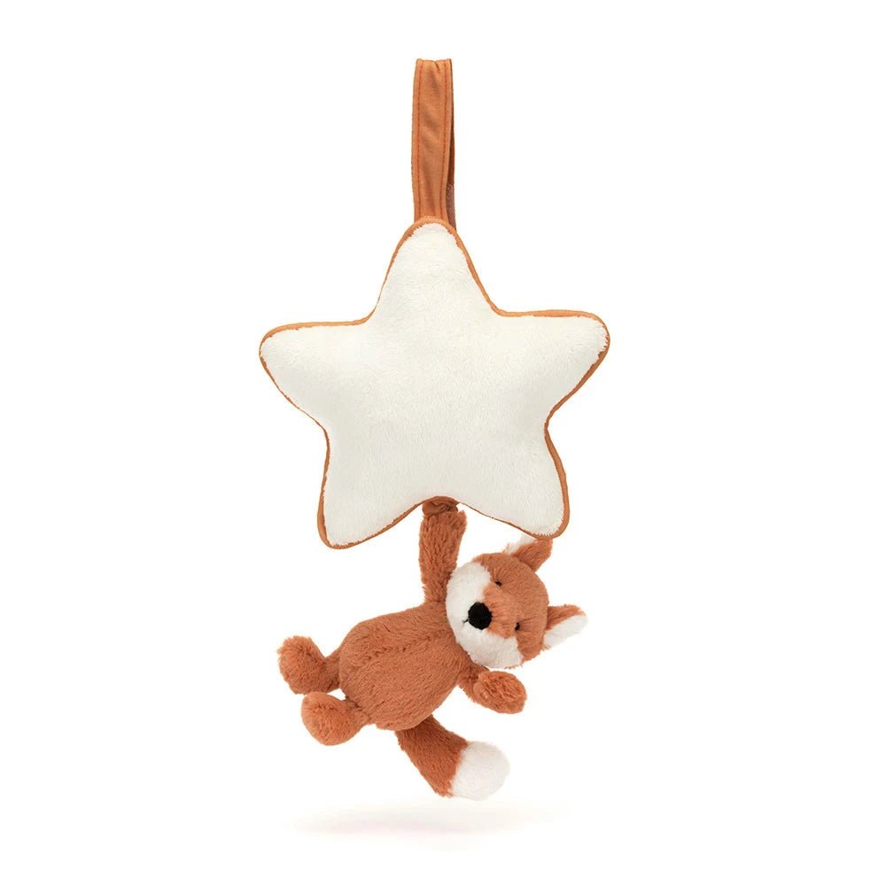 Jellycat Plush toy fox hanging from a star-shaped tag on a white background