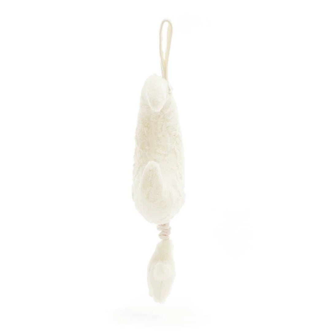 Cream Jellycat Amuseables Moon Musical Pull shown from the side, featuring a soft crescent moon, hanging loop and dangling star pull.