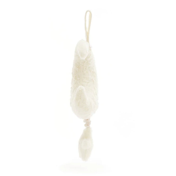 Cream Jellycat Amuseables Moon Musical Pull shown from the side, featuring a soft crescent moon, hanging loop and dangling star pull.